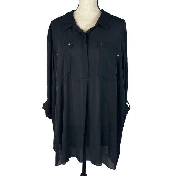 Lane Bryant SZ 26/28 Button-Up Top Long Roll-Tab Sleeves Pockets Collared Black - Picture 7 of 11
